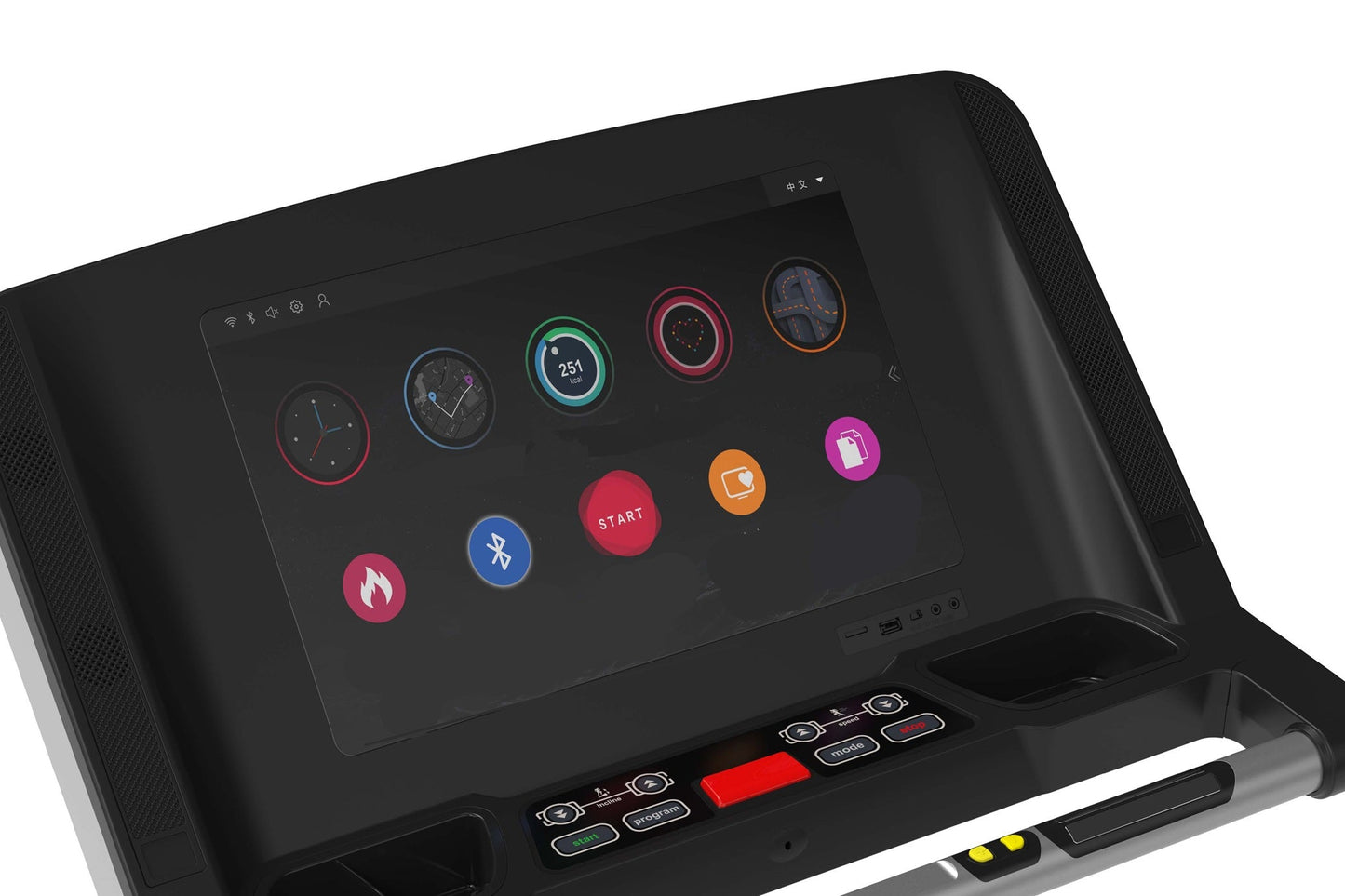 Black treadmill with 12-inch touchscreen console displaying colorful fitness app icons and workout metrics, physical control 