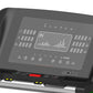Black and gray folding treadmill with digital console displaying workout metrics and bar graph, control buttons, and speaker 