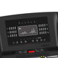 Black folding treadmill with digital display screen showing workout metrics, control buttons, and speakers on sides