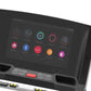 Black treadmill with large touchscreen display showing workout apps, control panel with red START button, and dual speakers o