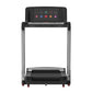 Black and silver folding treadmill with touch console display showing fitness icons, on white background