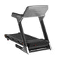 Black and gray folding treadmill with touch console display, gray frame, black running belt, and control panel on white backg