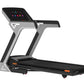 Gray and black folding treadmill with digital display console featuring colorful buttons, orange safety clips, and black runn