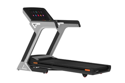 Gray and black folding treadmill with digital display console featuring colorful buttons, orange safety clips, and black runn