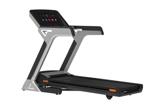 California Fitness Malibu 6T heavy-duty folding treadmill with gray and black frame, black running belt, touch console displa