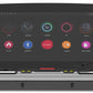 Black treadmill with touchscreen console displaying fitness app icons including clock, distance, calories, heart rate, routes