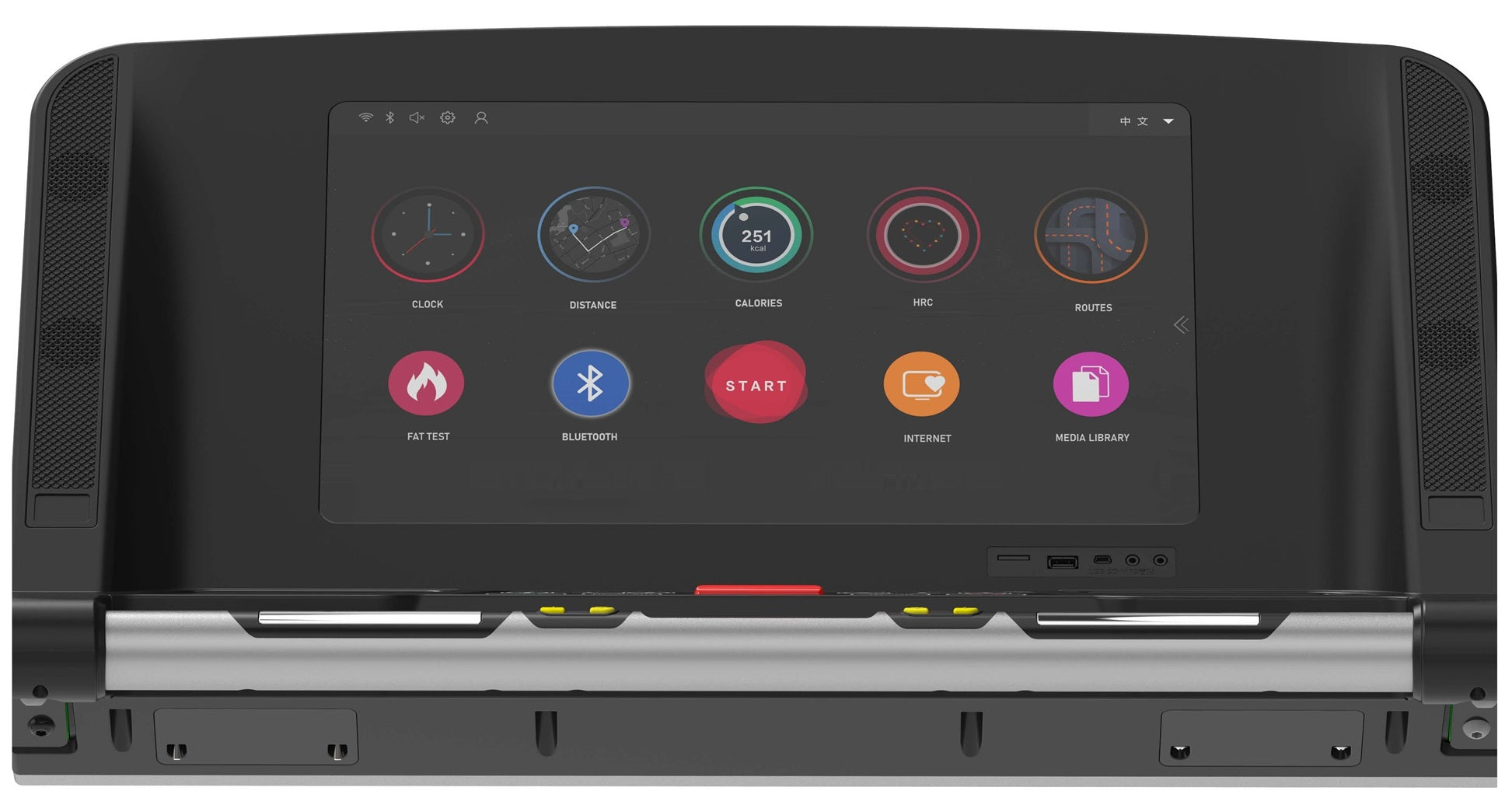 Black treadmill with touchscreen console displaying fitness app icons including clock, distance, calories, heart rate, routes