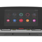 Black folding treadmill with touchscreen display showing fitness app interface with colorful circular icons and Chinese menu 