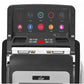 Black treadmill with digital touch console displaying fitness metrics and app icons in red, blue, orange, and pink, front vie