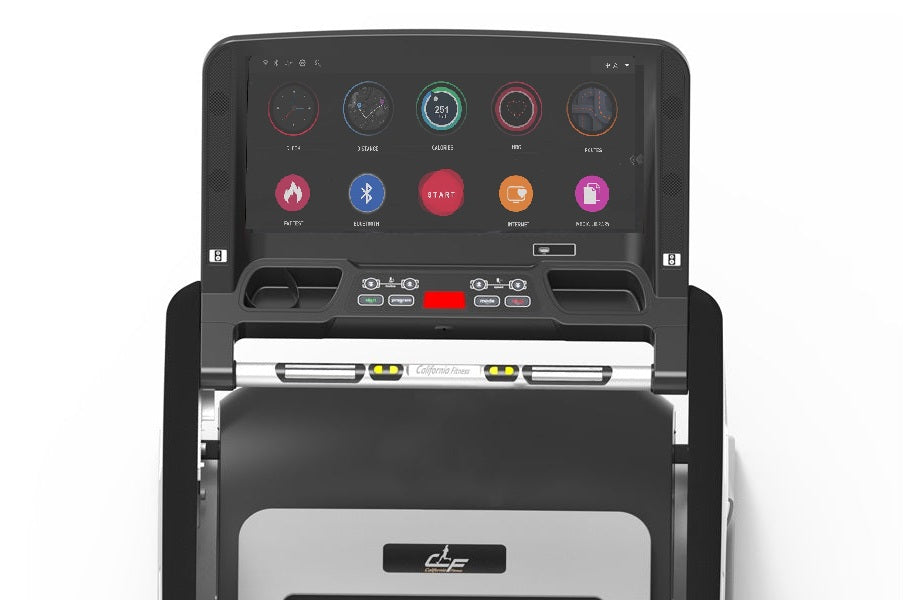 Black treadmill with digital touch console displaying fitness metrics and app icons in red, blue, orange, and pink, front vie