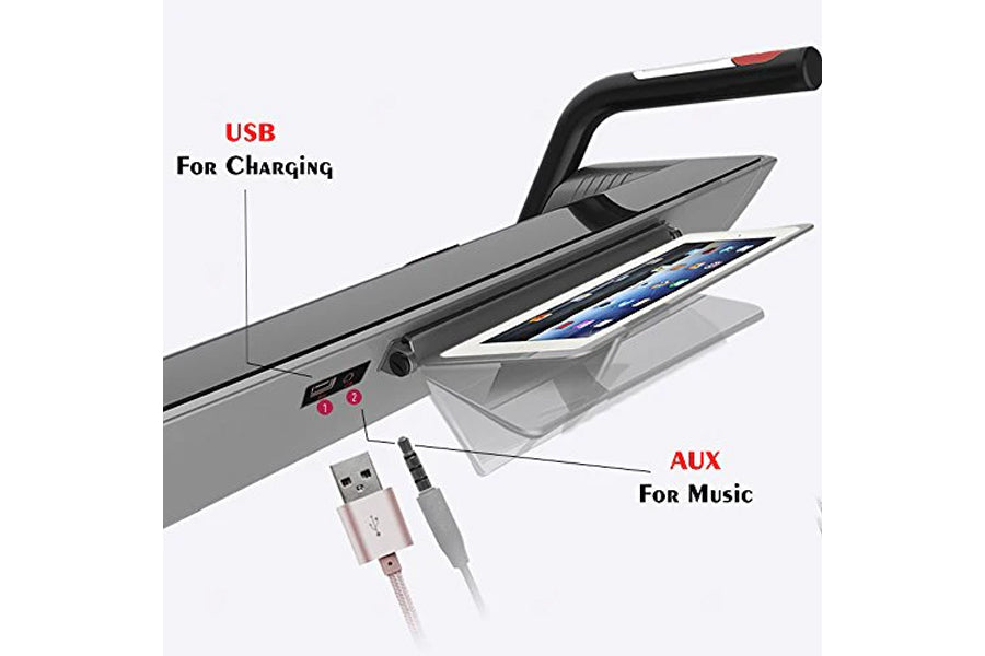 California Fitness Malibu 7 folding treadmill with black handle, gray base, smartphone holder, USB charging port, and aux cab