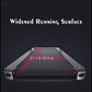 Folding treadmill with widened running surface measuring 51.1 x 18.9 inches, gray frame with red and black belt on dark backg