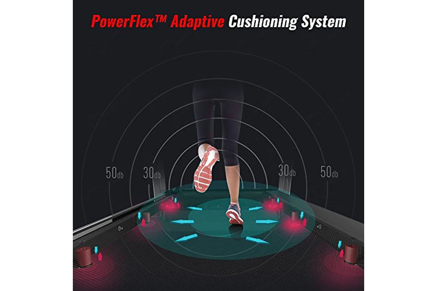 Runner's shoe with red and white accents on Malibu 7 treadmill, showing PowerFlex Adaptive Cushioning System with impact zone
