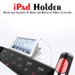 Adjustable gray tablet holder mounted on black treadmill control panel with white iPad displaying home screen