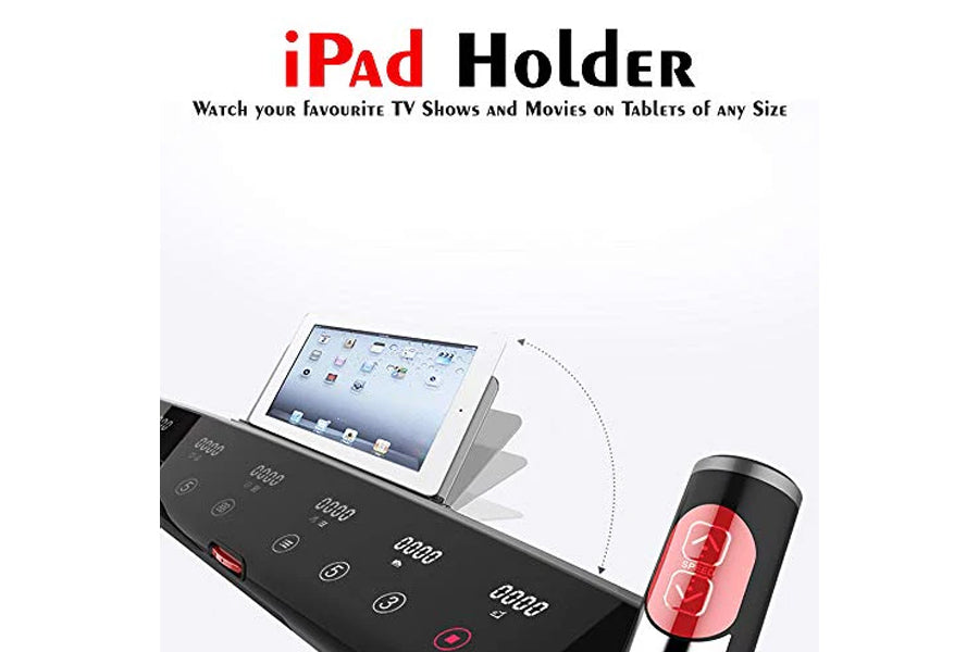 Adjustable gray tablet holder mounted on black treadmill control panel with white iPad displaying home screen