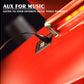 AUX cable with 3.5mm jack connector on red treadmill surface, promotional image for fitness music connectivity