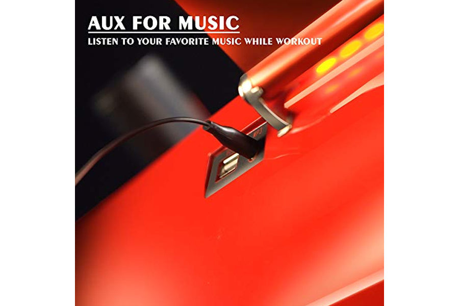 AUX cable with 3.5mm jack connector on red treadmill surface, promotional image for fitness music connectivity