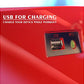 Red treadmill with built-in USB charging port and control panel, shown on red gradient background