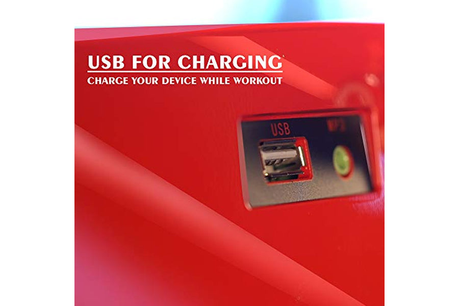 Red treadmill with built-in USB charging port and control panel, shown on red gradient background