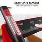 Black and red folding treadmill with heart rate sensors on handle, displaying digital screen with readings