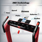 Red and black folding treadmill with digital display, IMD technology edge display, and smartphone holder showing fitness metr