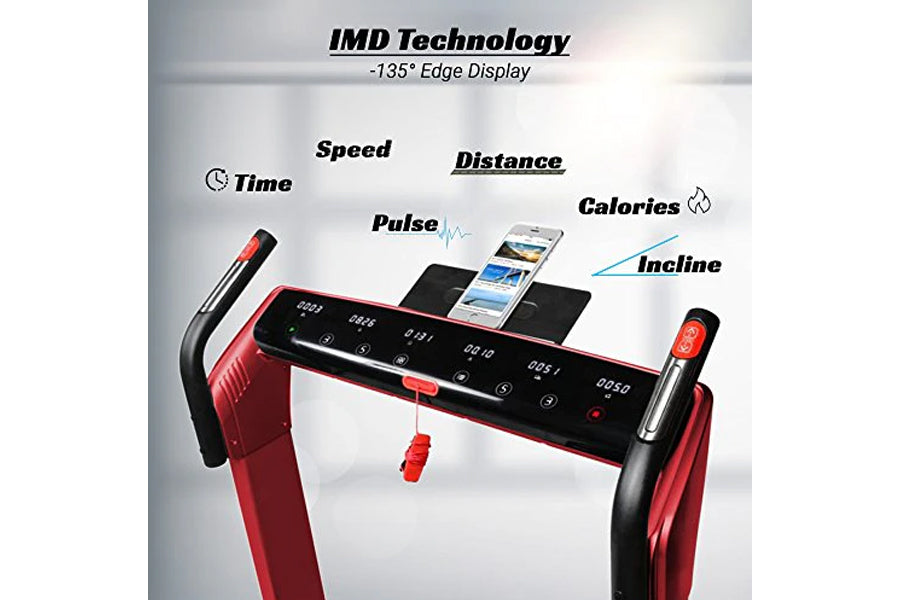 Red and black folding treadmill with digital display, IMD technology edge display, and smartphone holder showing fitness metr