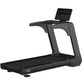 Black commercial treadmill with digital touchscreen display, red accents, and wide running belt on white background