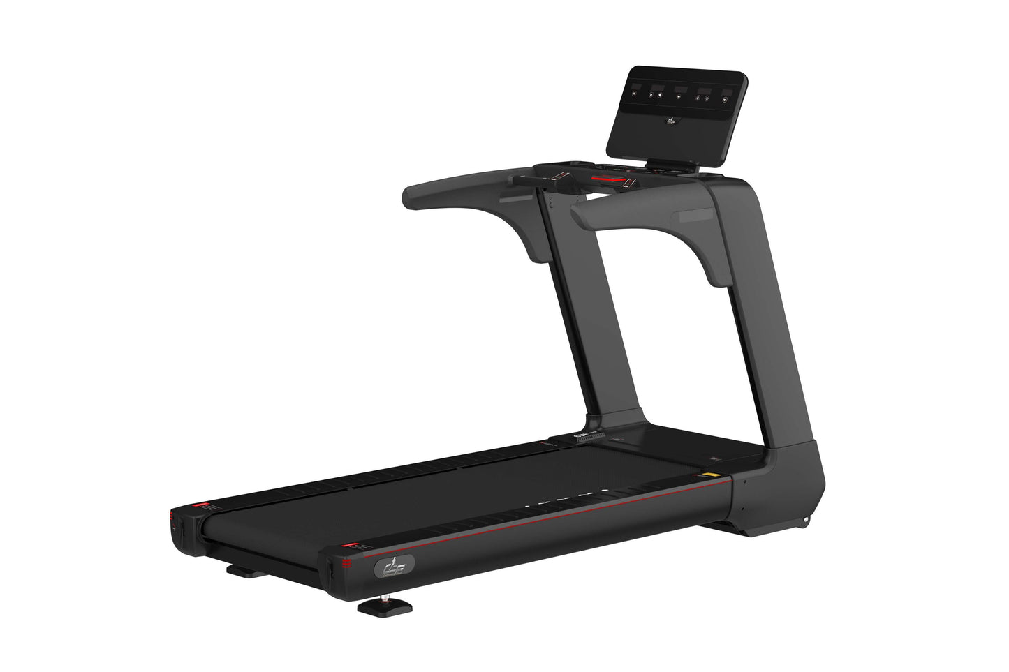 Black commercial treadmill with digital touchscreen display, red accents, and wide running belt on white background