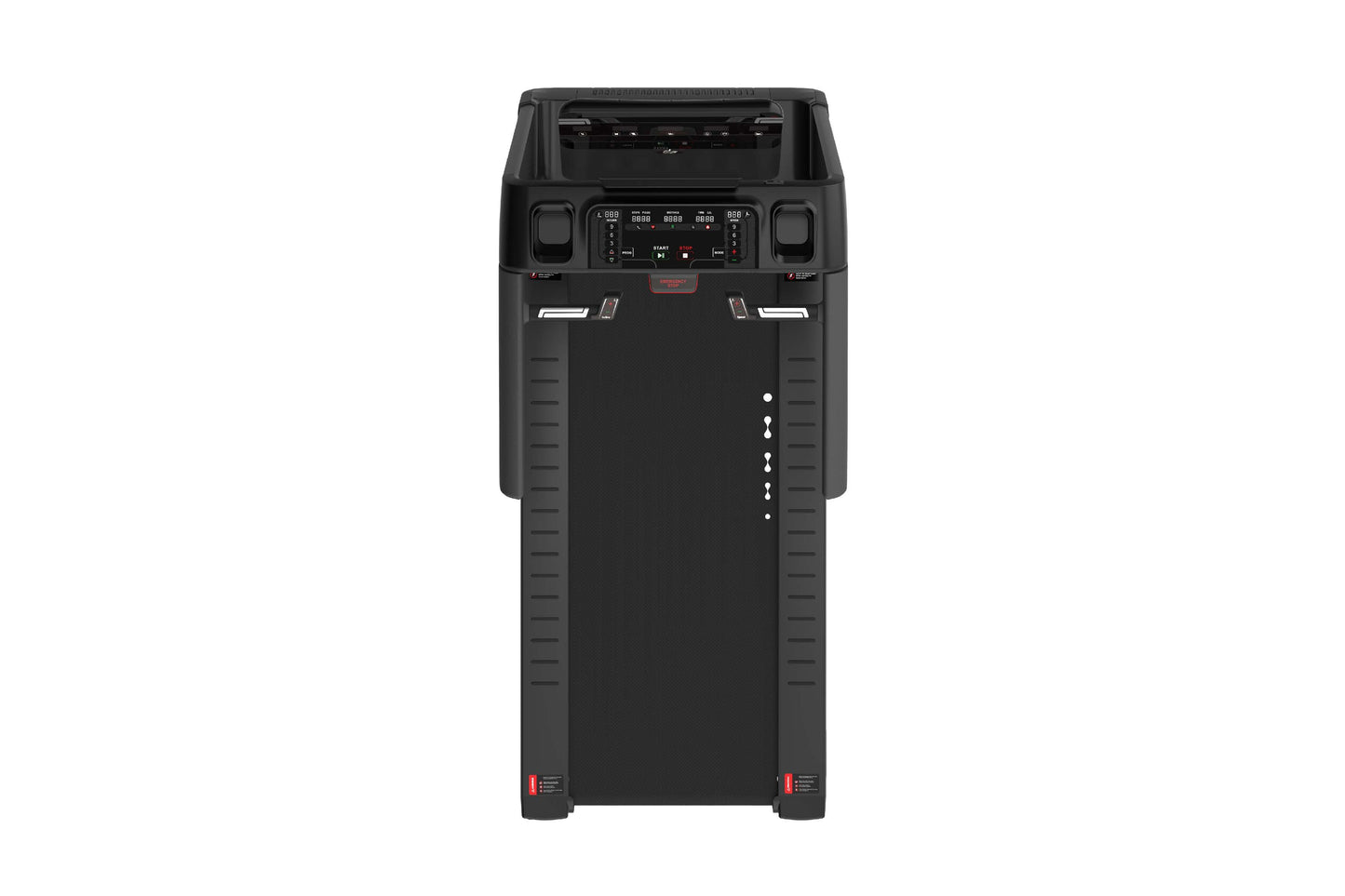 Black upright treadmill with digital control panel, dual speakers, and LED display on white background