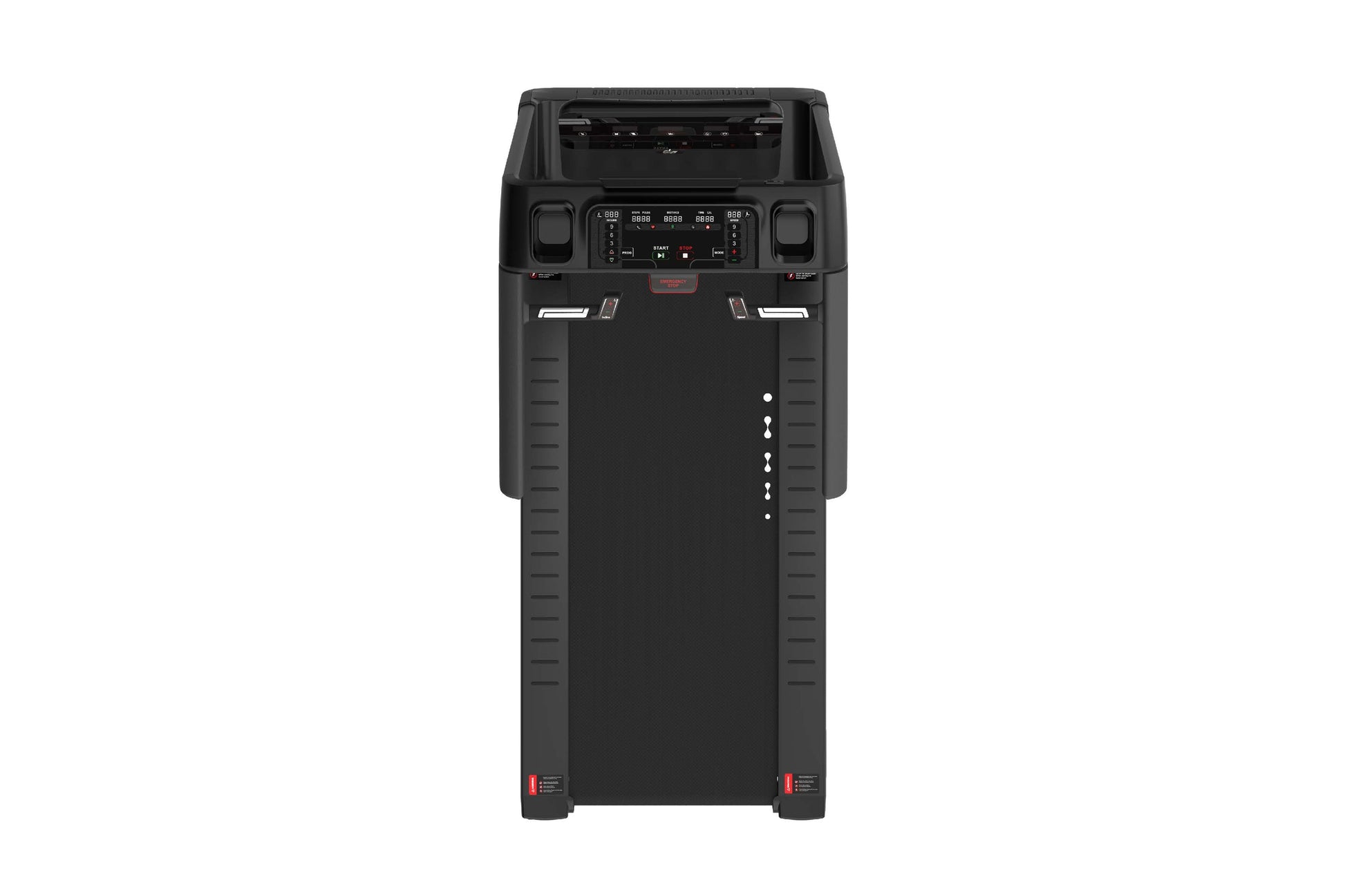Black upright treadmill with digital control panel, dual speakers, and LED display on white background