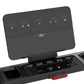 Black treadmill console with digital display screen and control buttons, featuring emergency stop button and workout program 