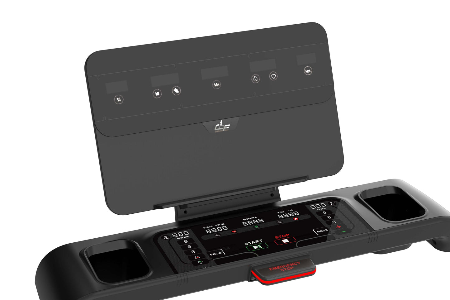 Black treadmill console with digital display screen and control buttons, featuring emergency stop button and workout program 