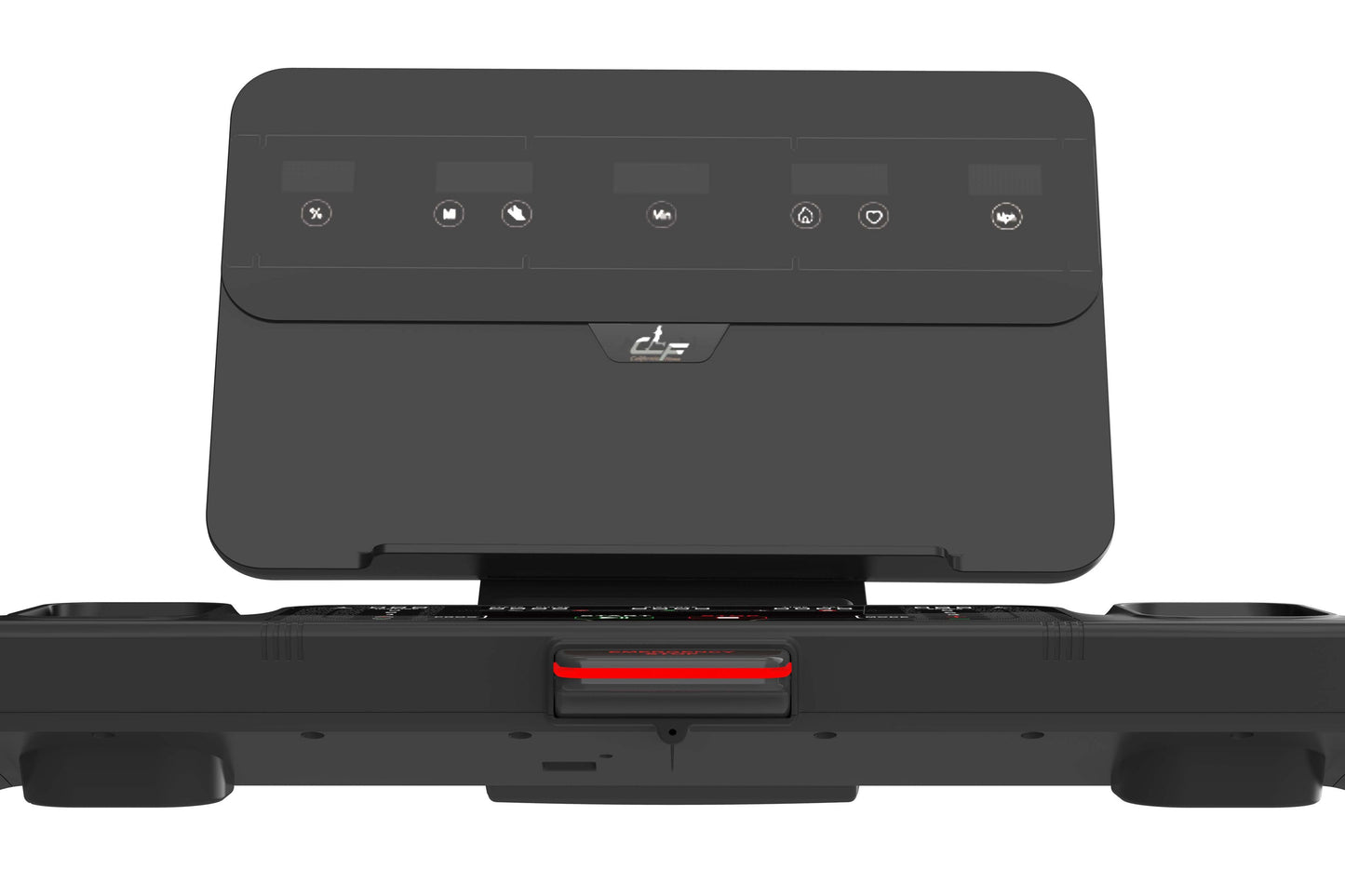 Black treadmill with digital touchscreen display, illuminated control buttons, and red accent strip on base, shown on white b