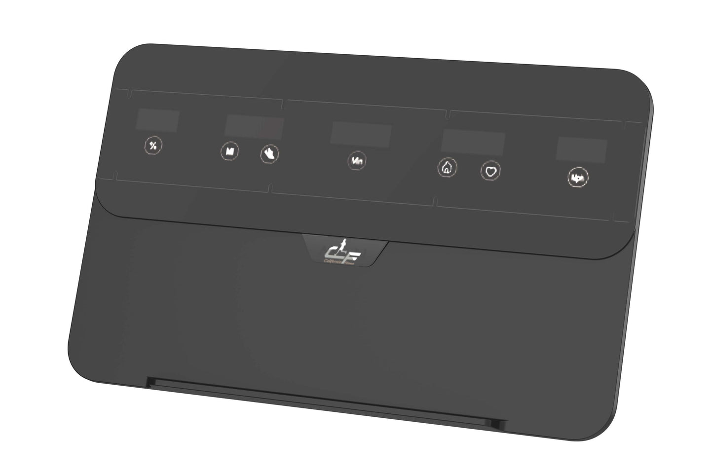 Black treadmill console with rounded edges, illuminated button icons for program controls, and brand logo on white background