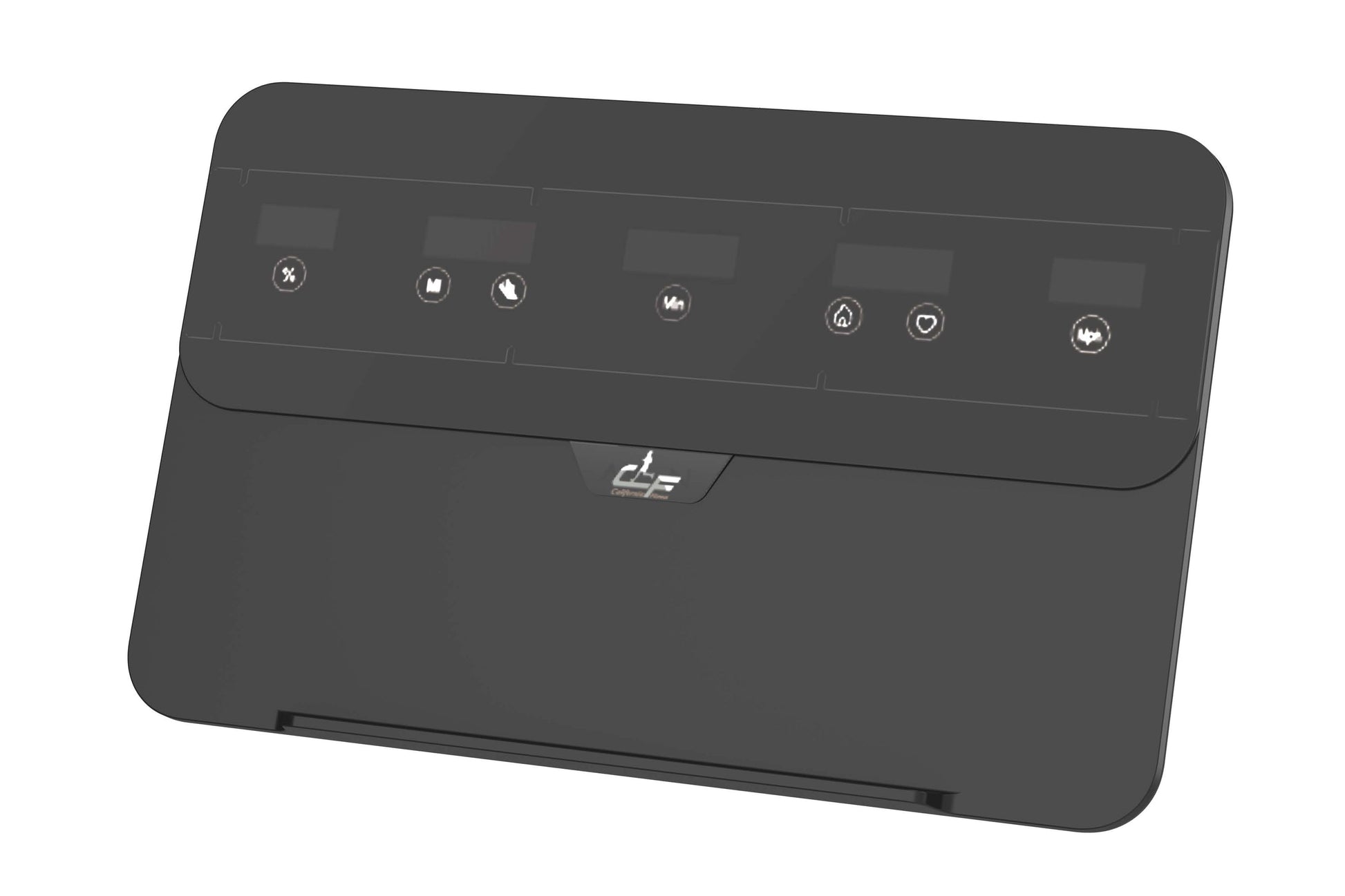 Black treadmill console with rounded edges, illuminated button icons for program controls, and brand logo on white background