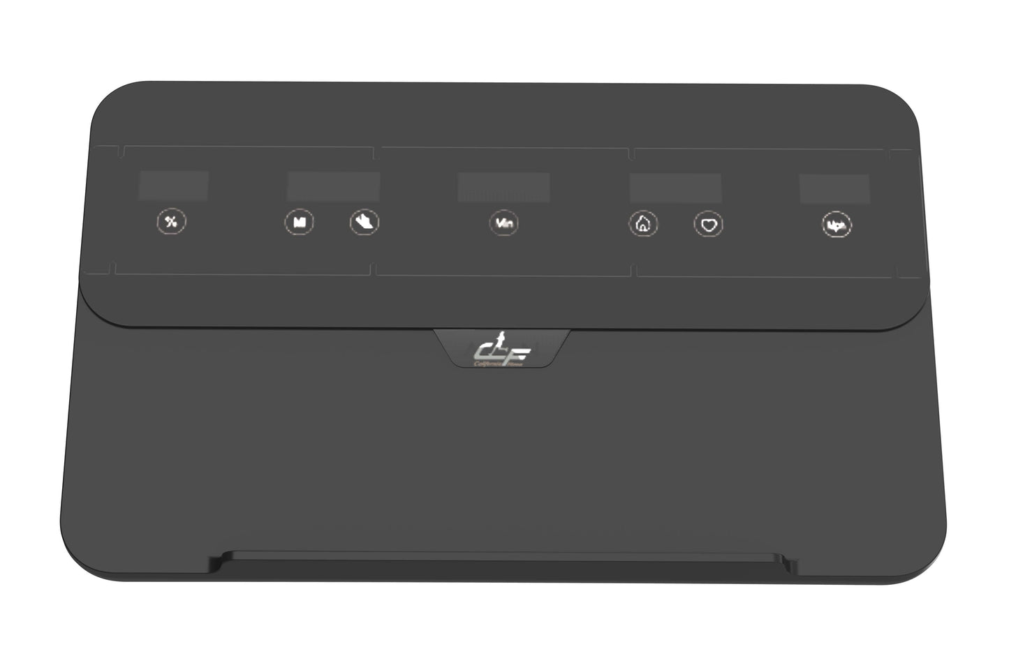 Charcoal gray treadmill console with illuminated control buttons displayed on white background