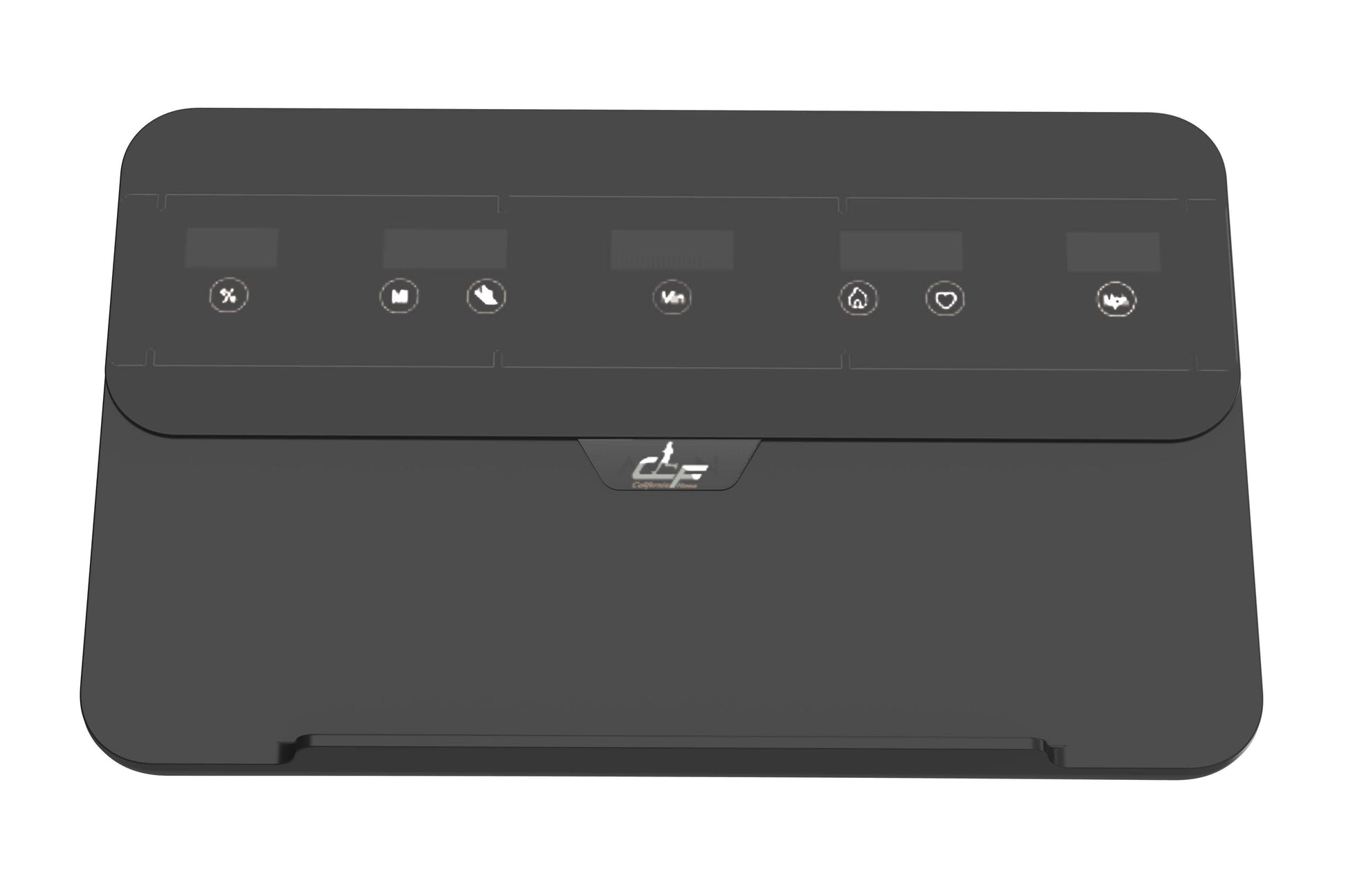 Charcoal gray treadmill console with illuminated control buttons displayed on white background