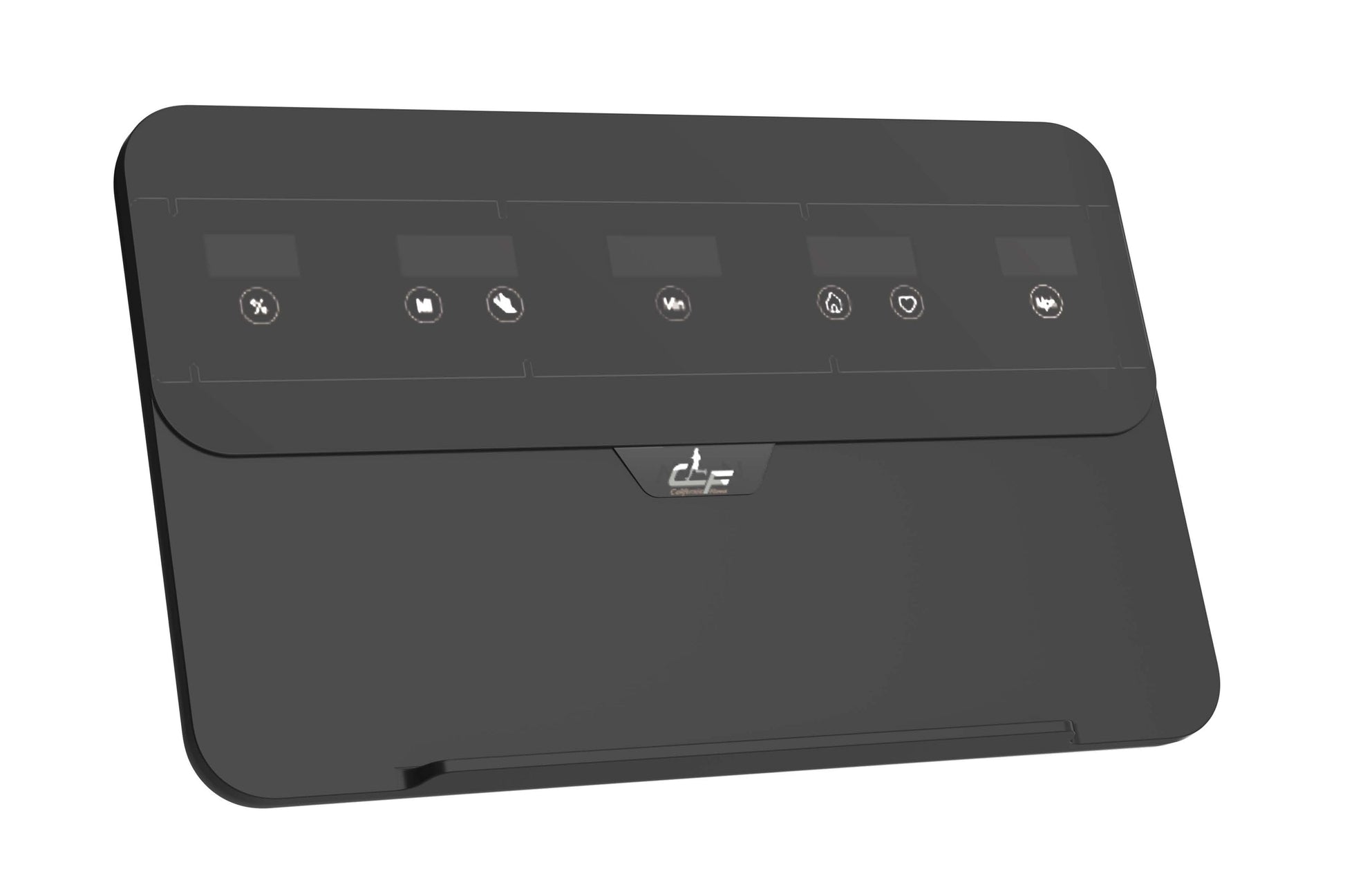 Black treadmill control panel with seven circular icon buttons and brand logo on white background