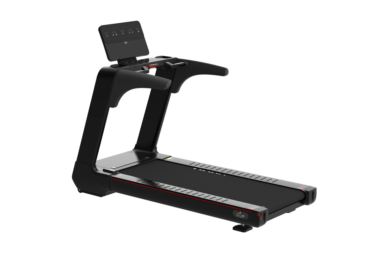 Black commercial treadmill with digital display console, cushioned running deck, and red accent trim on white background