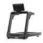 Black electric treadmill with digital display console mounted on frame, red accent stripe on belt, and dual handrails on whit