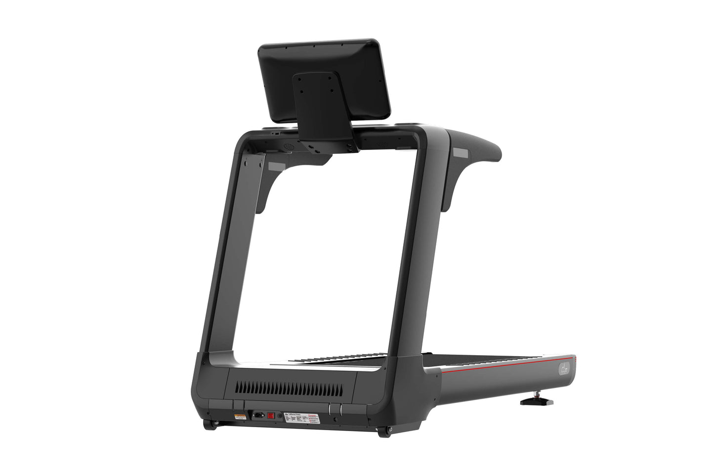 Black electric treadmill with digital display console mounted on frame, red accent stripe on belt, and dual handrails on whit