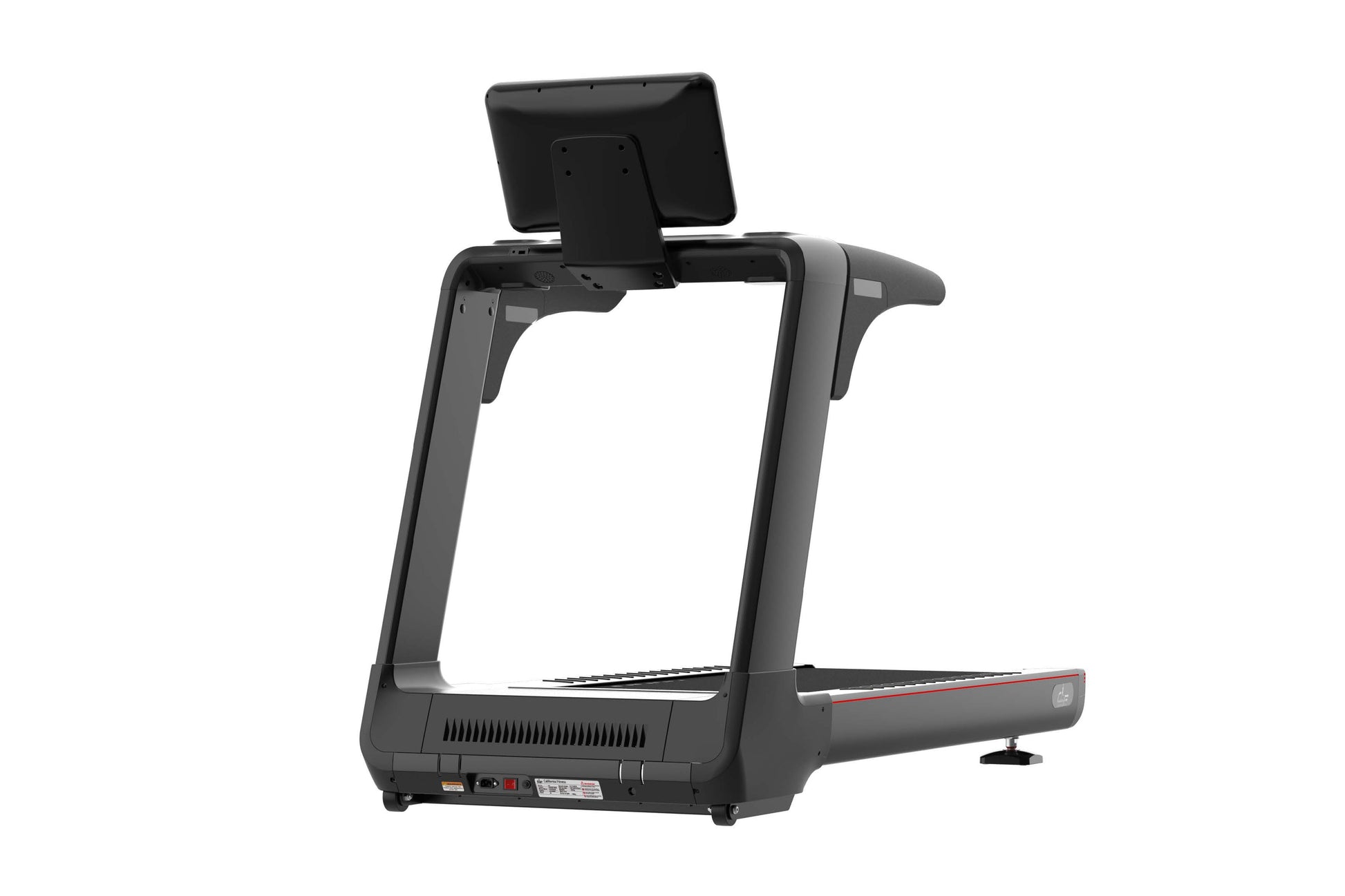 Black electric treadmill with digital display console mounted on frame, red accent stripe on belt, and dual handrails on whit