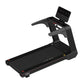 Black commercial treadmill with dual handrails, digital console display, and tablet holder on white background
