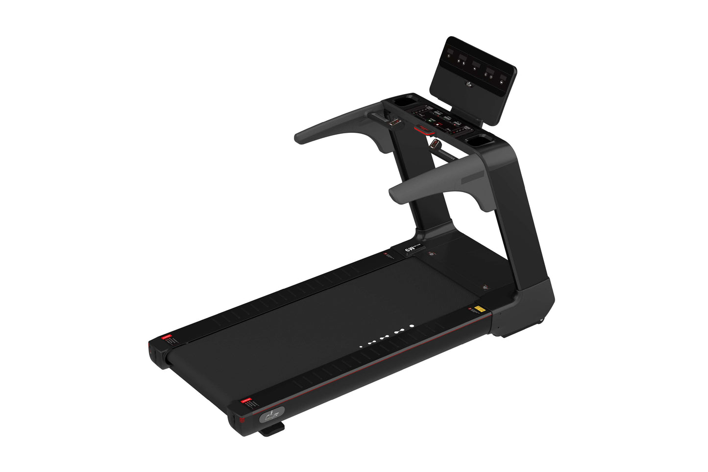 Black commercial treadmill with dual handrails, digital console display, and tablet holder on white background