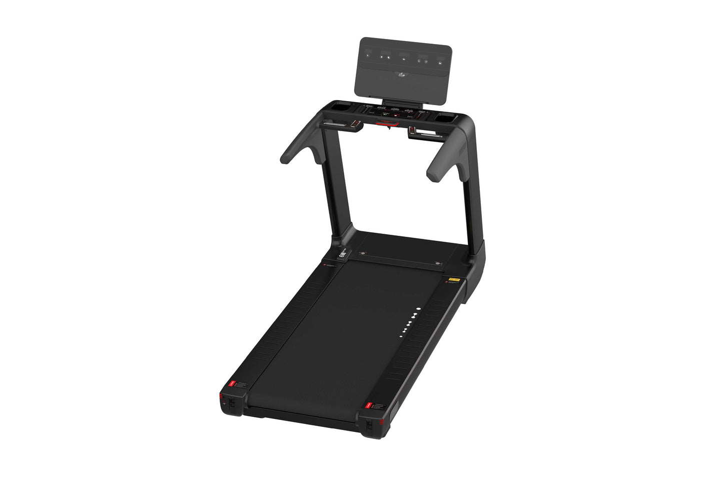 Black electric treadmill with digital display console mounted on top, featuring control panel and tablet holder on white back