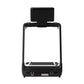 Black treadmill with white trim, adjustable digital display mount, and control panel on white background
