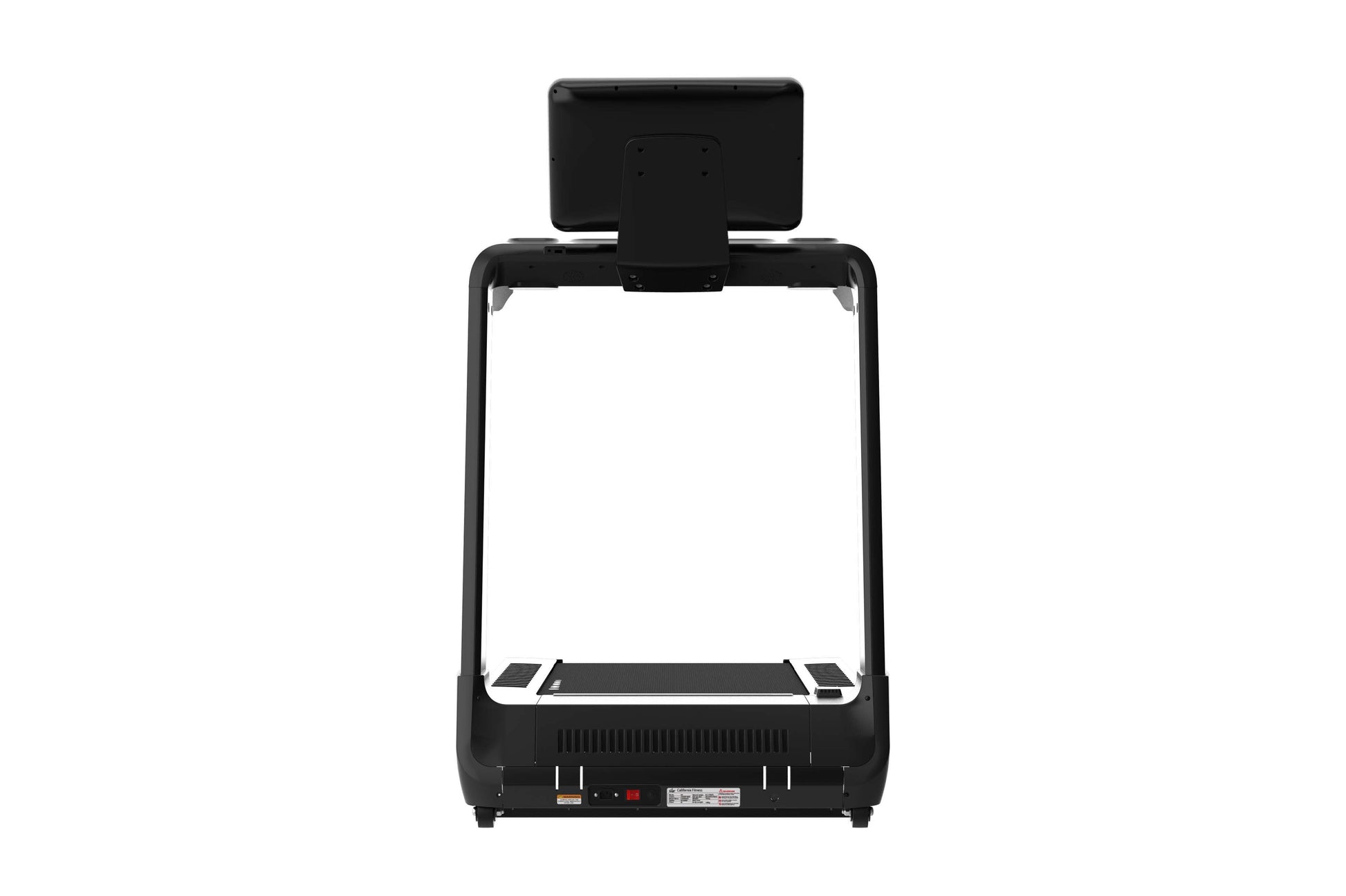 Black treadmill with white trim, adjustable digital display mount, and control panel on white background