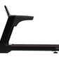 Black motorized treadmill with digital console and red accent trim on white background