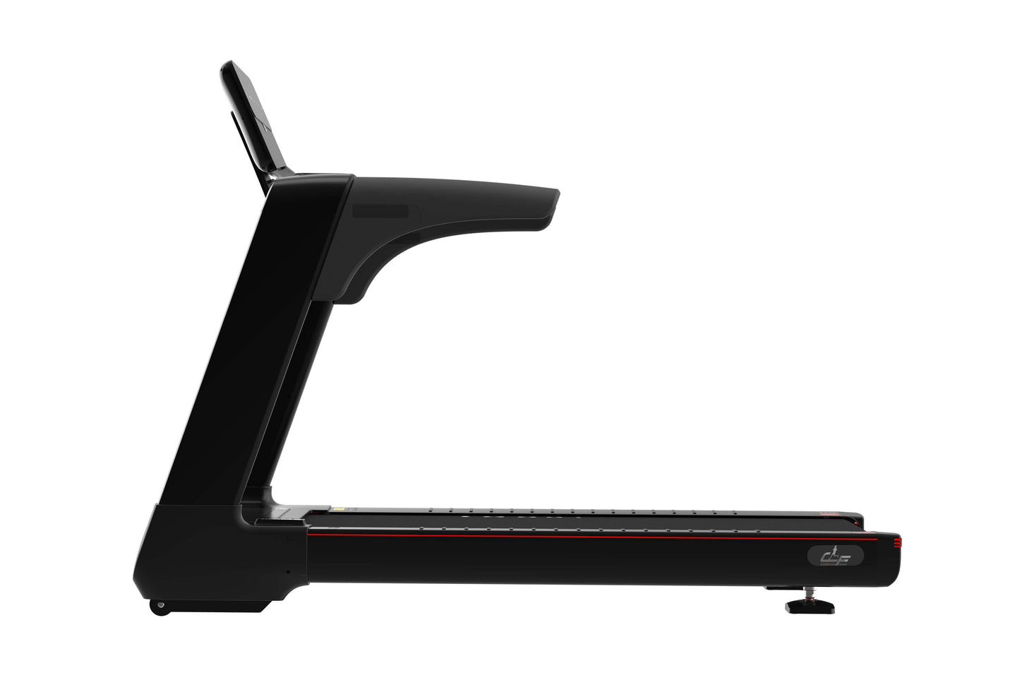 Black motorized treadmill with digital console and red accent trim on white background