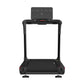 Black treadmill with digital display console, wide running belt, and sturdy frame on white background
